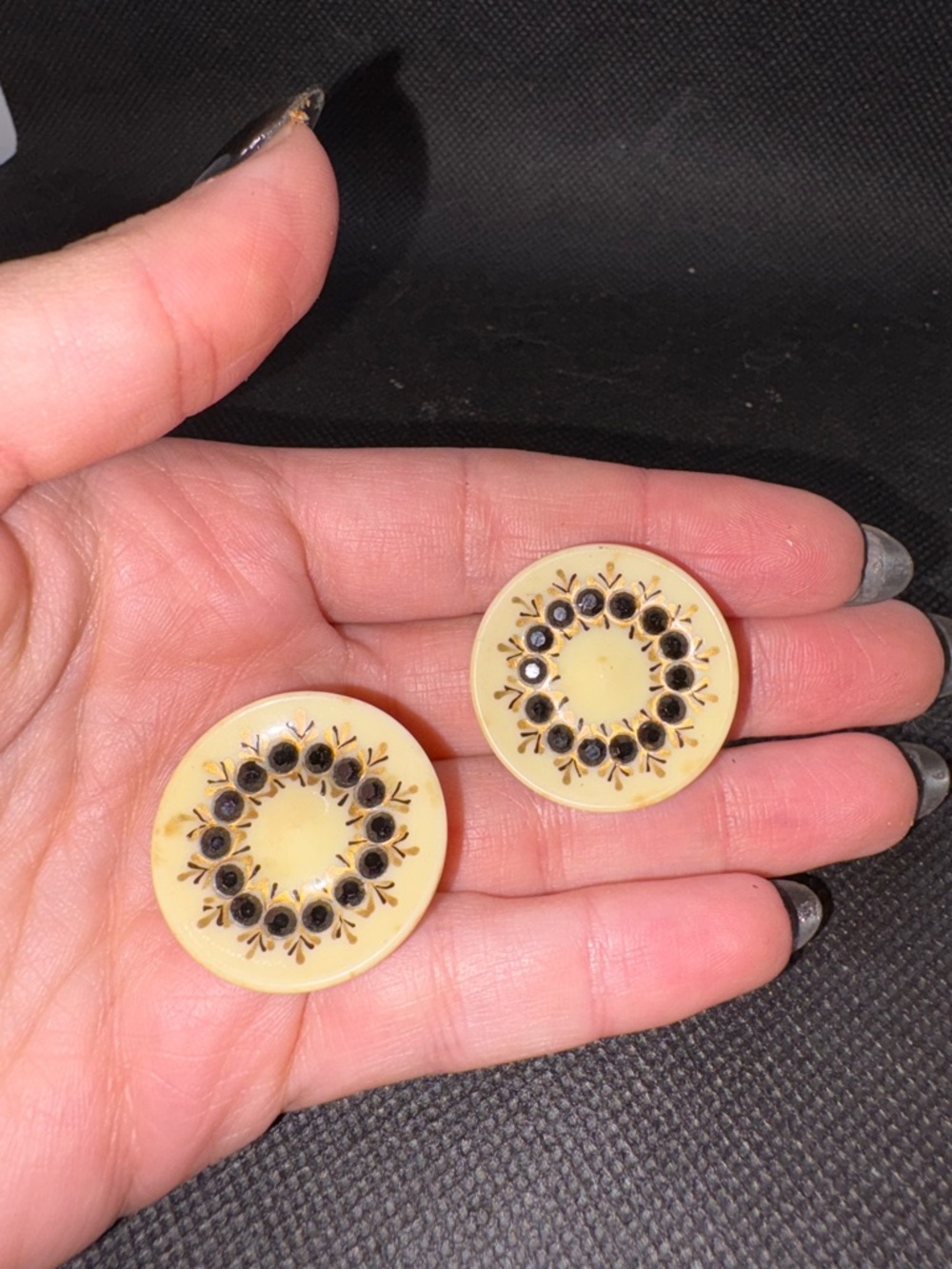 Vintage Round Cream Vintage-Style Button Earrings with Black Floral Detail